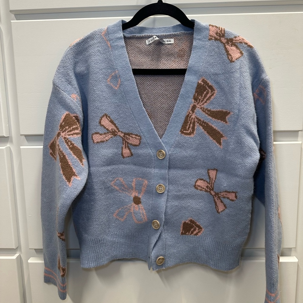 Celebrity Pink Blue Cardigan with Nature-Inspired Embroidery